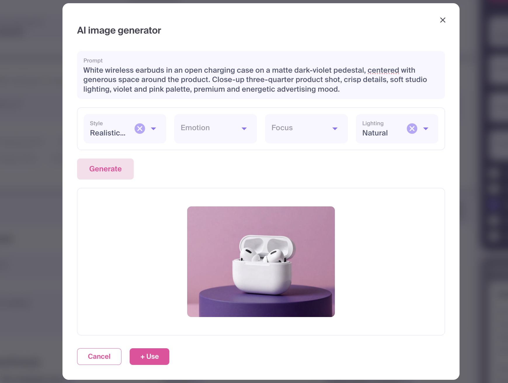 Generated image preview and Use button